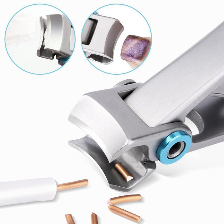 Close-up of ergonomic nail clippers, wide jaw opening for thick nails, professional pedicure tool