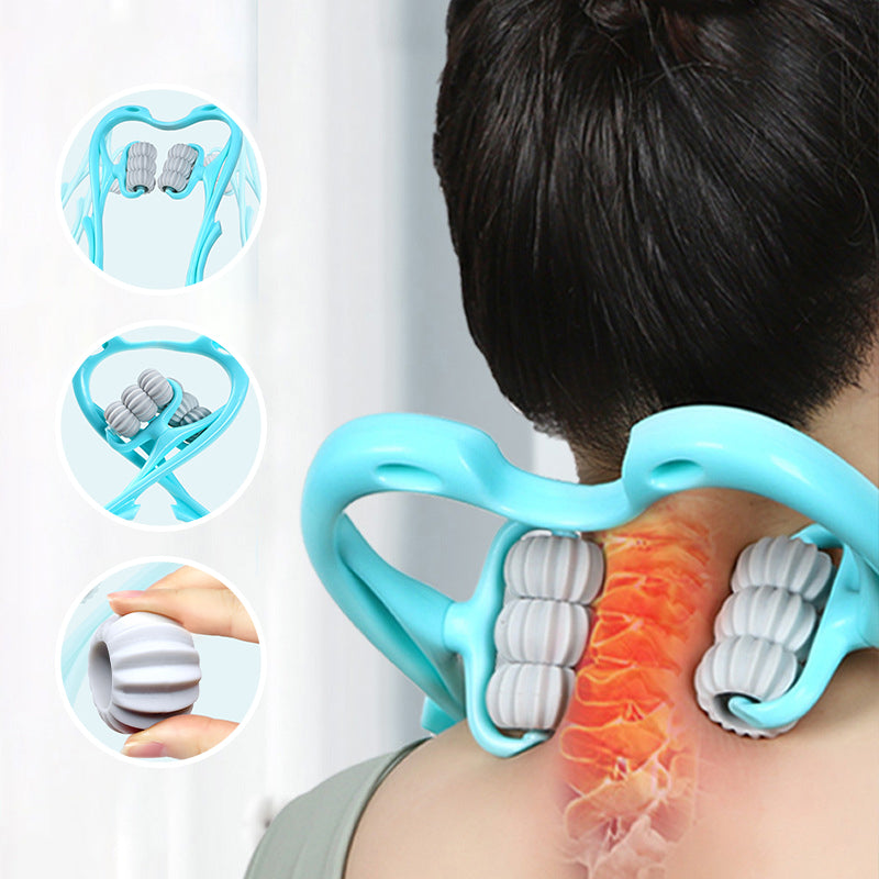 User demonstrating the portable aspect of the neck and back massager.