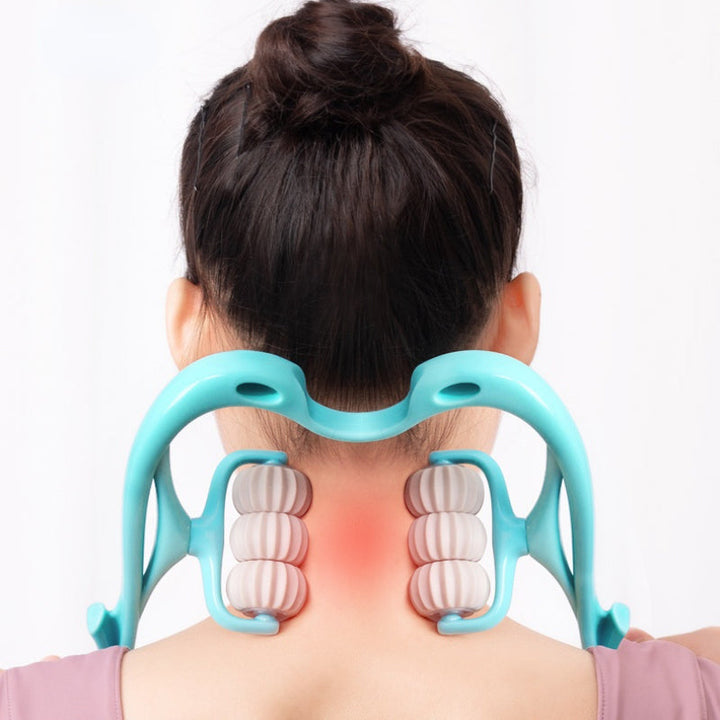 Close-up of ergonomic neck & back massager texture, soft fabric finish.