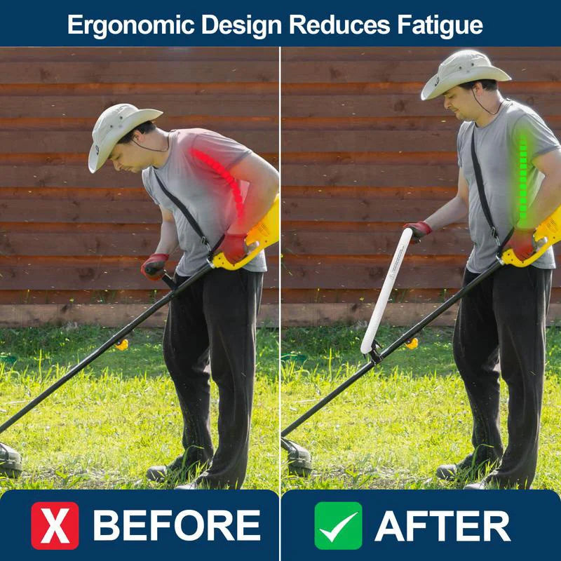 Ergonomic trimmer handle extension grip for weed wackers, reducing fatigue during lawn care