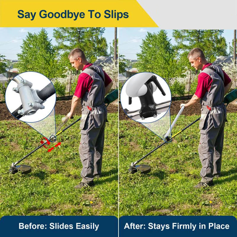 Close-up of ergonomic grip on a trimmer handle extension, improving comfort for lawn care