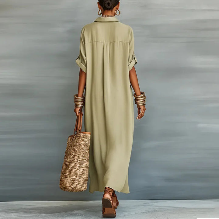 Khaki Evelina button down maxi shirt dress with collar, perfect for summer casual wear. Relaxed fit long dress.