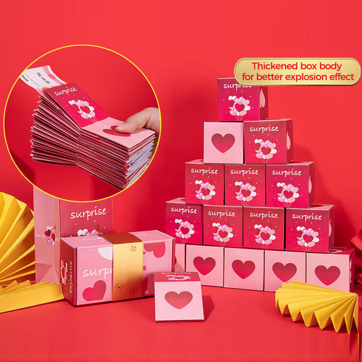 A child's happy reaction to the Exploding Surprise Gift Box and its jumping cubes.