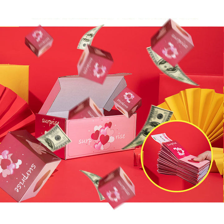 Closed Exploding Surprise Gift Box, tied with a red ribbon, ready for an exciting reveal.