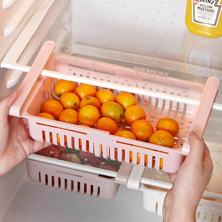 Extendable kitchen refrigerator storage rack for fresh food organization, space-saving design
