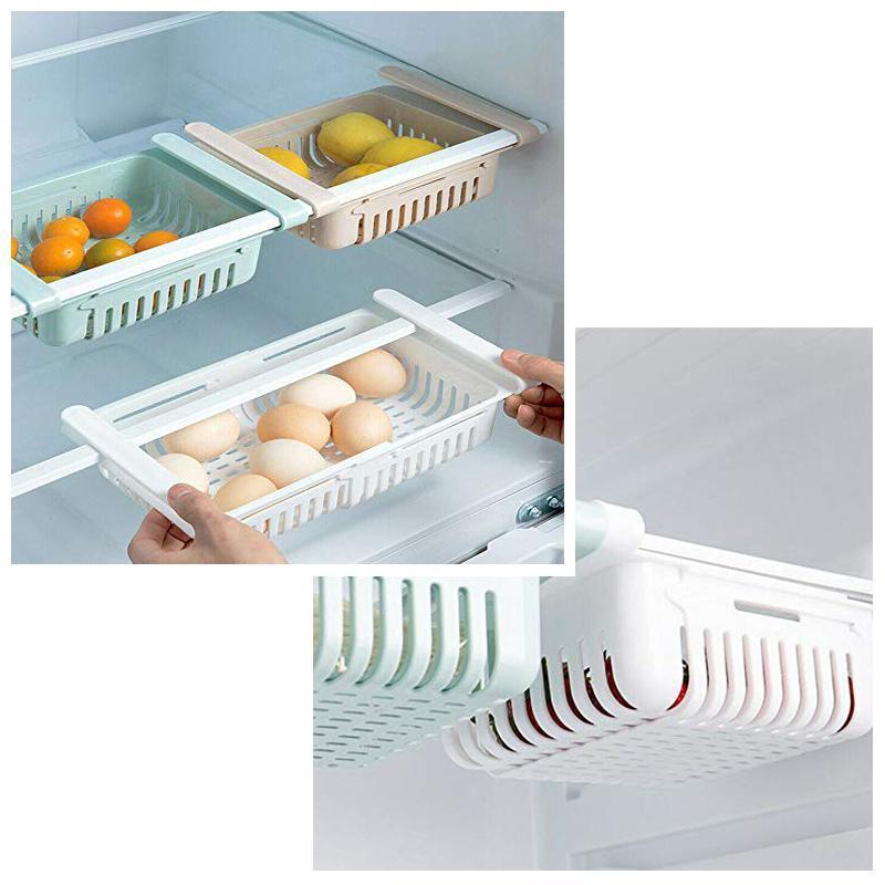 Extendable white storage rack for refrigerator, enhancing kitchen cabinet organization