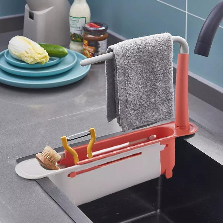 Telescopic sink caddy organizer, stainless steel & plastic, adjustable for various sink sizes