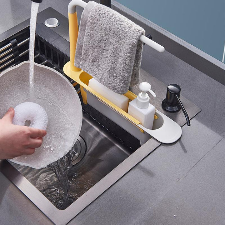 Space-saving kitchen sink organizer, extendable caddy for efficient sponge and soap draining