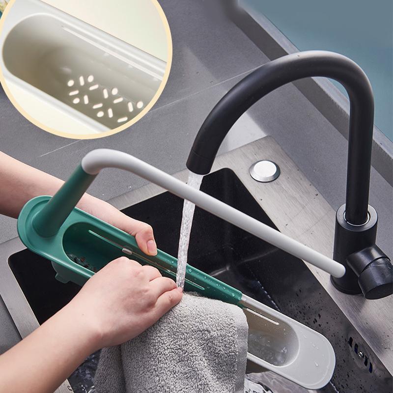 Multifunctional sink caddy, adjustable length, keeps kitchen essentials tidy and dry