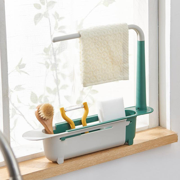 Under-sink caddy organizer for sponges and soap, extendable drain rack, home essentials