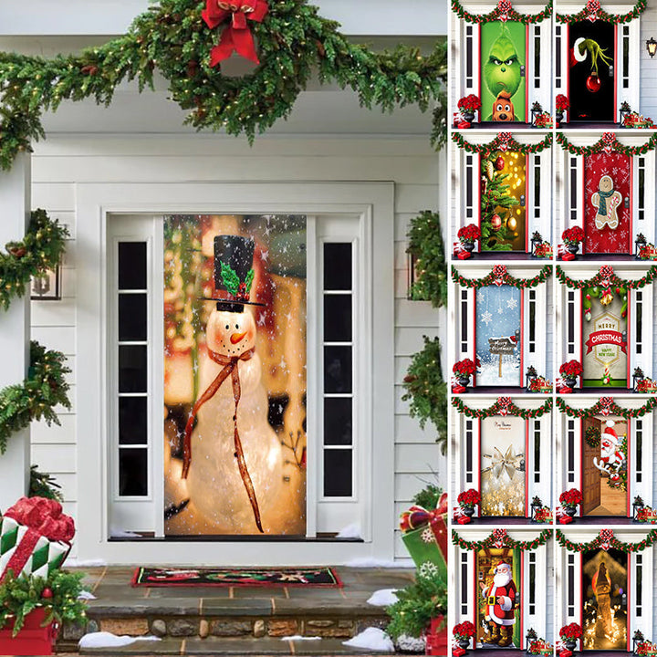 Fabric Christmas Holiday Door Cover, festive outdoor decoration with Santa, gifts, and snow