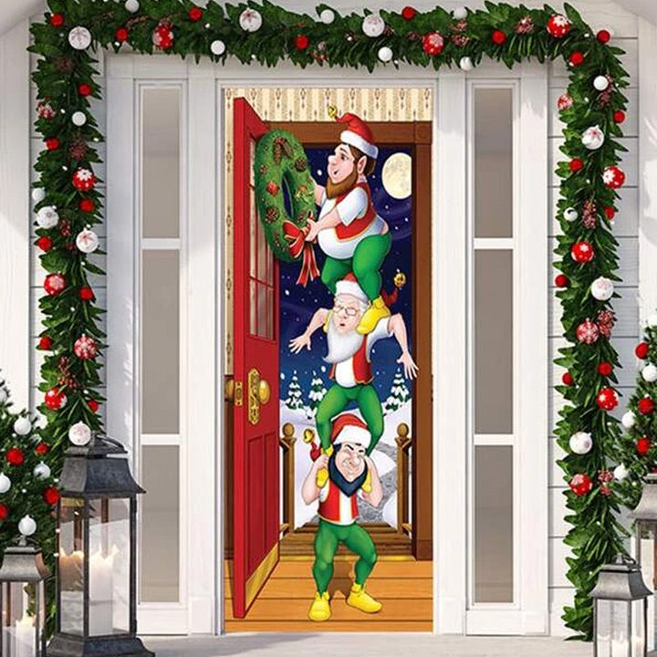 Christmas Holiday Door Cover for festive decoration, durable fabric with jingle bells design