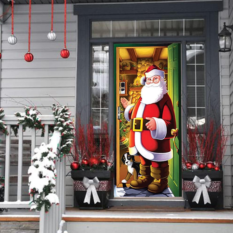 Reusable Christmas Holiday Door Cover, depicting a charming Christmas village scene
