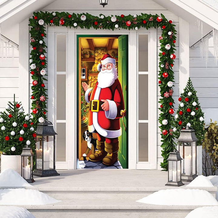Outdoor Door Cover for Christmas, festive fabric with traditional red and green patterns