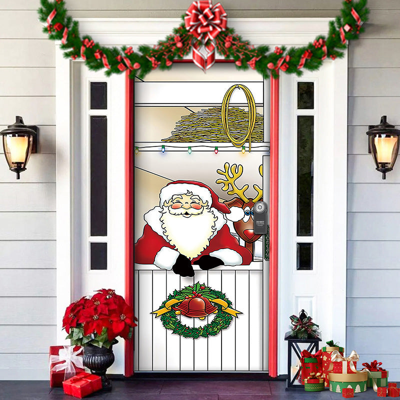 Durable fabric Christmas Door Cover, featuring a festive garland and ribbon motif