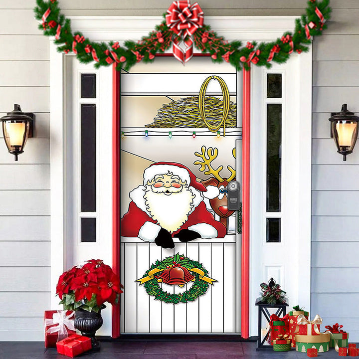 Durable fabric Christmas Door Cover, featuring a festive garland and ribbon motif