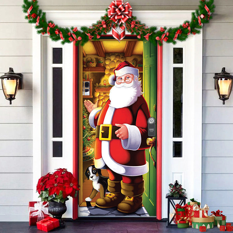 Reusable Christmas Holiday Door Cover made of fabric, showcasing a festive wreath design