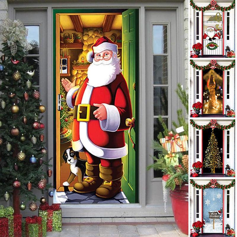 Reusable Christmas Door Cover featuring winter wonderland scene, ideal for holiday decor