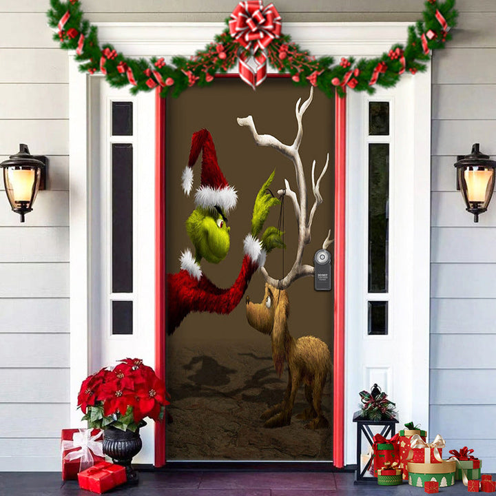 Christmas Holiday Door Cover, an outdoor decoration showing a festive train with gifts