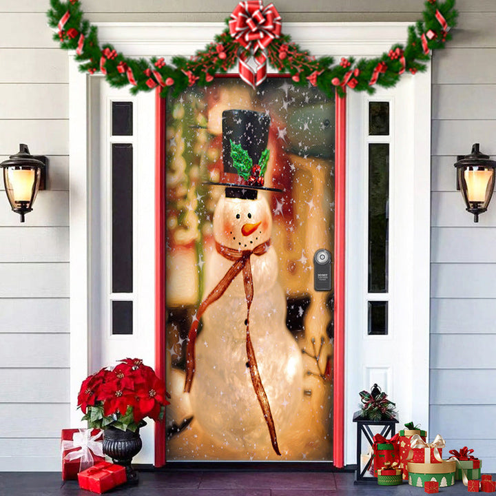 Fabric Christmas Door Cover, perfect for outdoor holiday display, featuring a festive holly border
