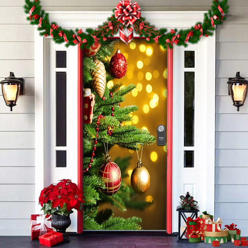 Christmas Door Cover, holiday outdoor decoration with a charming 'Welcome' sign and snow