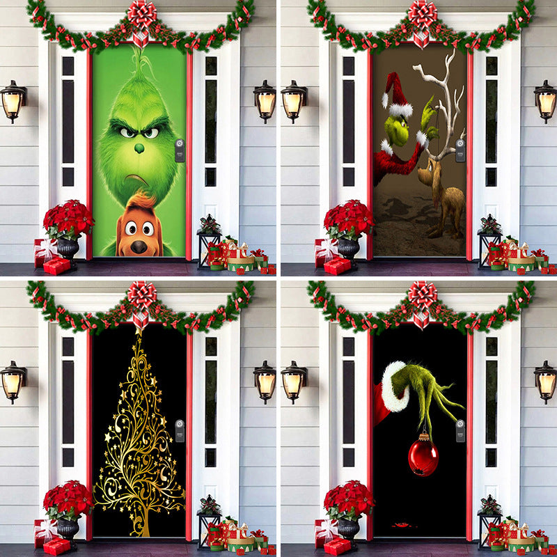 Decorate with Christmas Holiday Door Cover, durable fabric featuring sleigh and reindeer