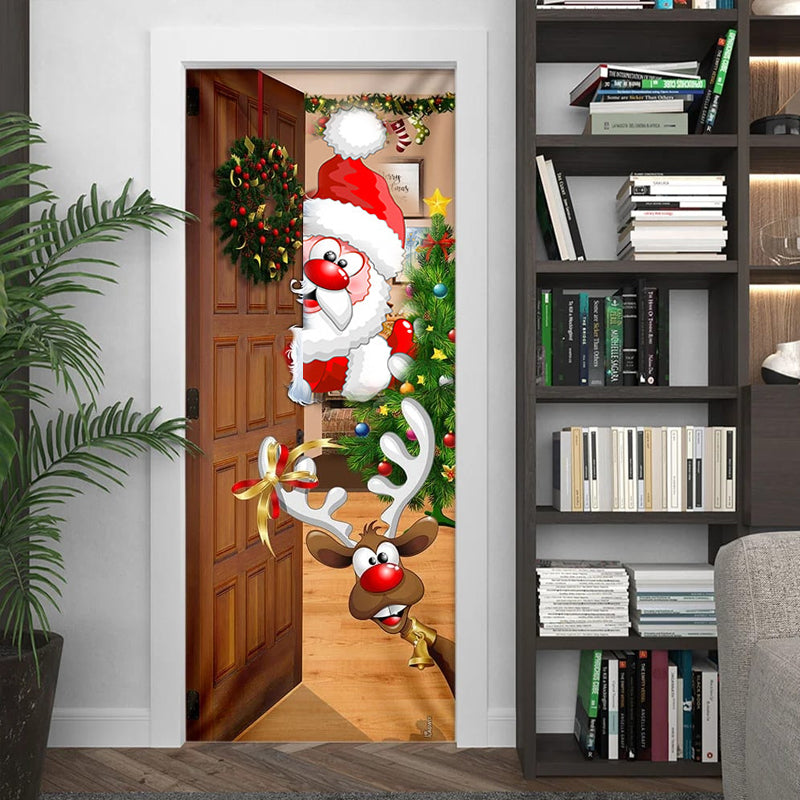 Reusable fabric Christmas Holiday Door Cover, showcasing Santa Claus delivering presents