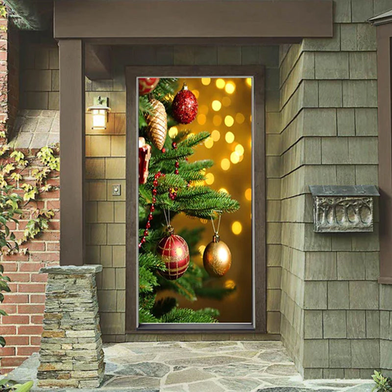 Vibrant Christmas Door Cover for holiday decor, featuring a cozy fireplace scene