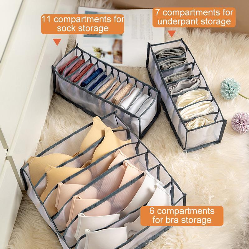 Gray fabric closet divider box, ideal for organizing underwear, bras, and socks in a drawer
