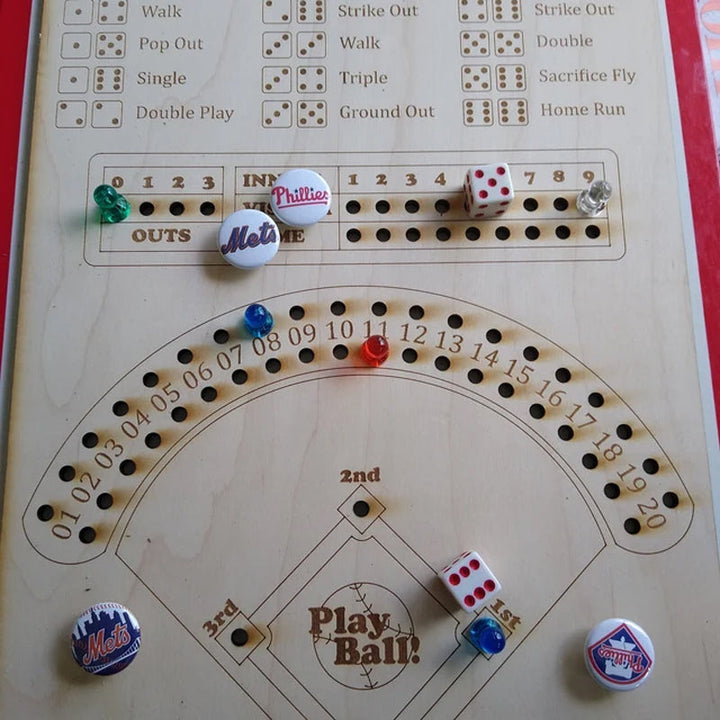 Overhead shot of Family Baseball Dice Board Game setup, ready for a baseball game