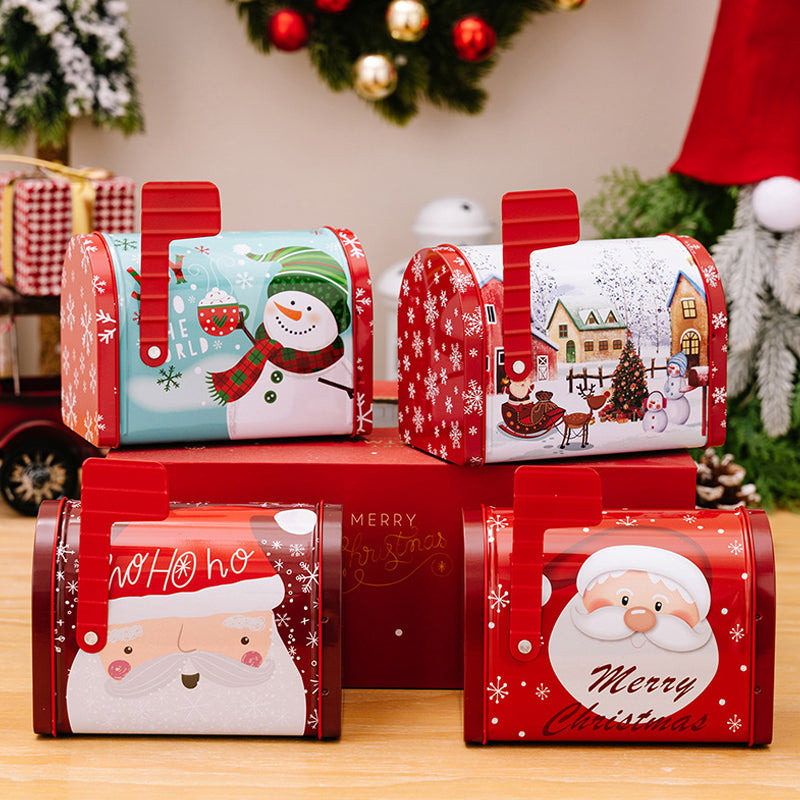 Festive Christmas gift box tin with Santa, snowman, and deer for holiday candies
