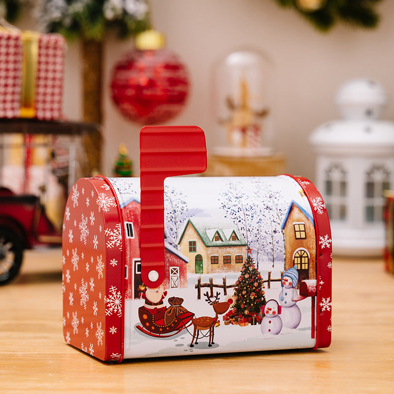 A snowman illustration on a round metal Christmas gift box tin, storage for gifts