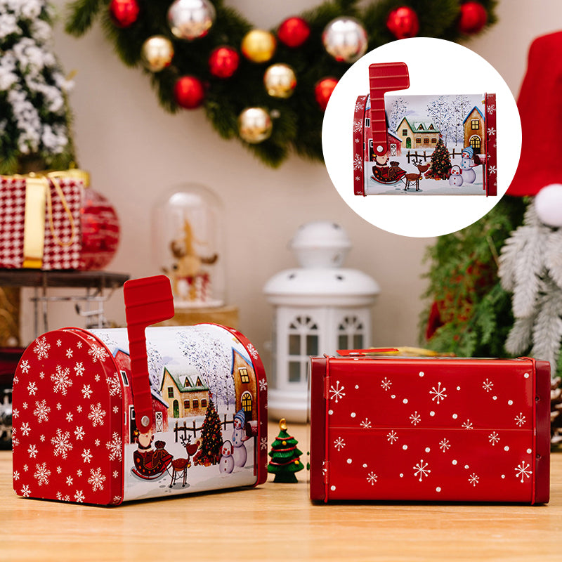 Deer and winter scene depicted on a festive Christmas metal tin, holiday packaging