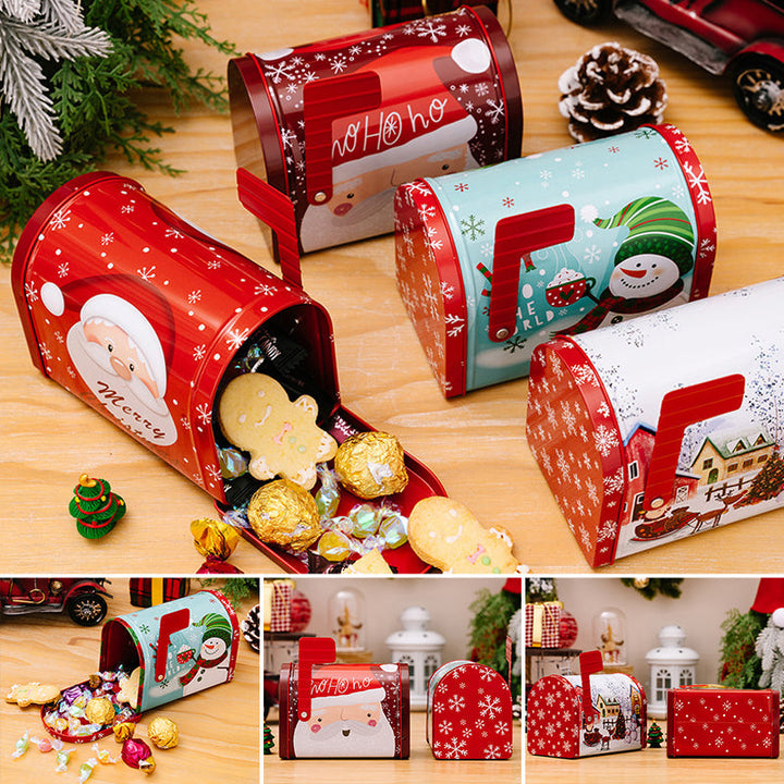 Stack of colorful Christmas gift box tins, metal, for candies and holiday storage