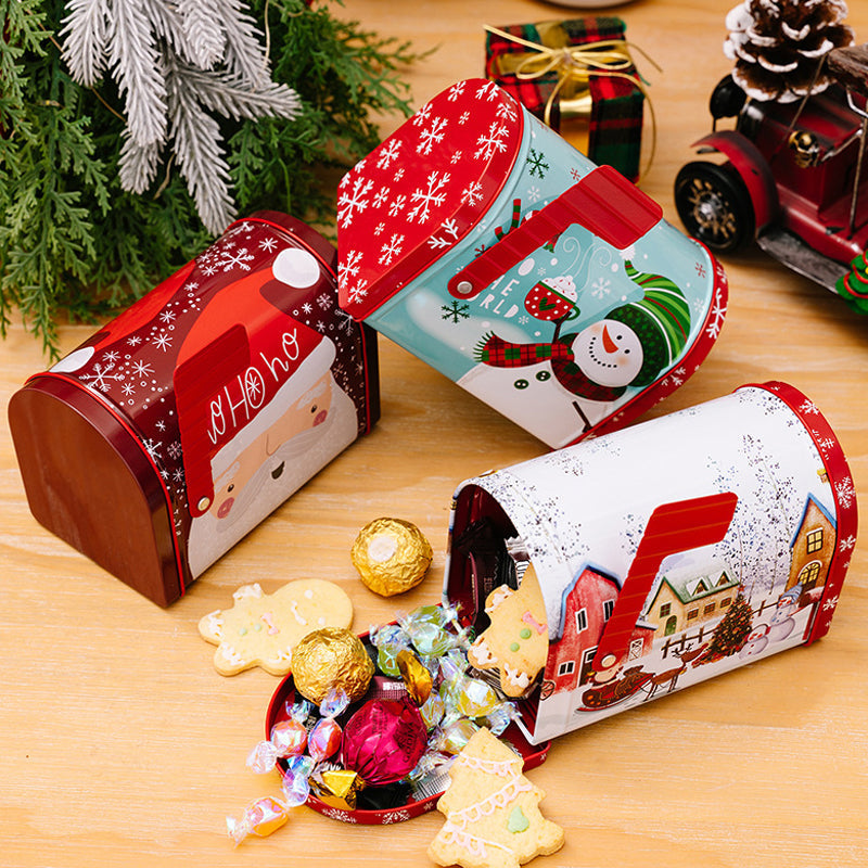 Christmas storage tin featuring a joyful snowman, ideal for festive gift packaging
