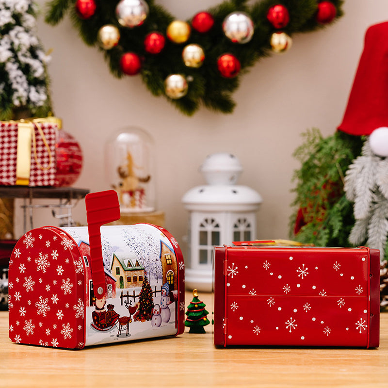 Green festive metal tin for Christmas gifts, depicting Santa and reindeer