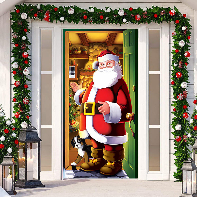Outdoor fabric door cover featuring a festive holiday wreath, welcoming Christmas decoration.