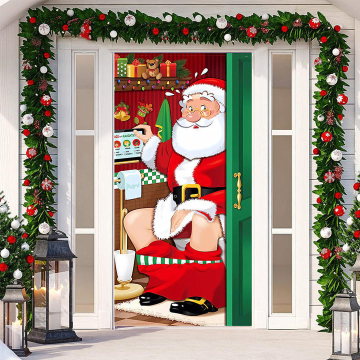 Cozy log cabin in snow Christmas outdoor door cover, rustic holiday decoration.