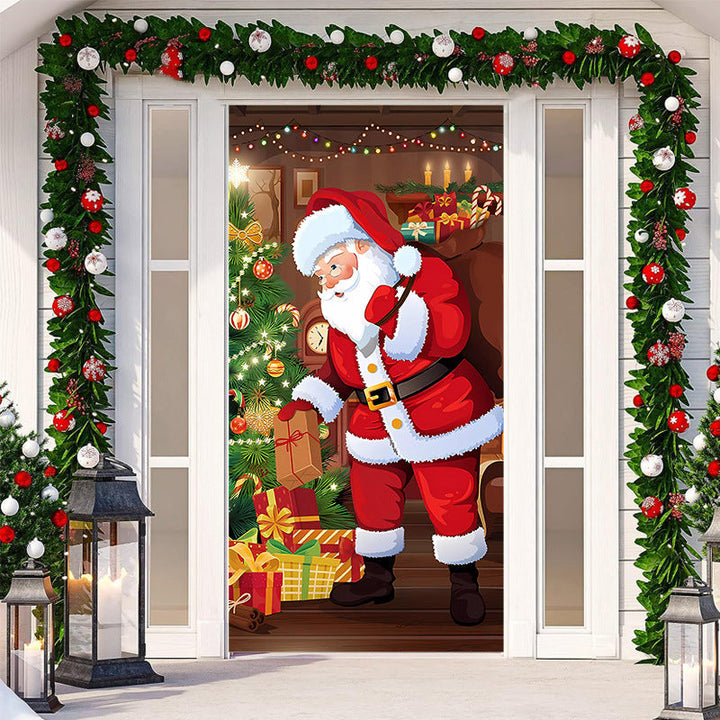 Vintage-style Christmas outdoor door cover with car and tree, nostalgic holiday decor.