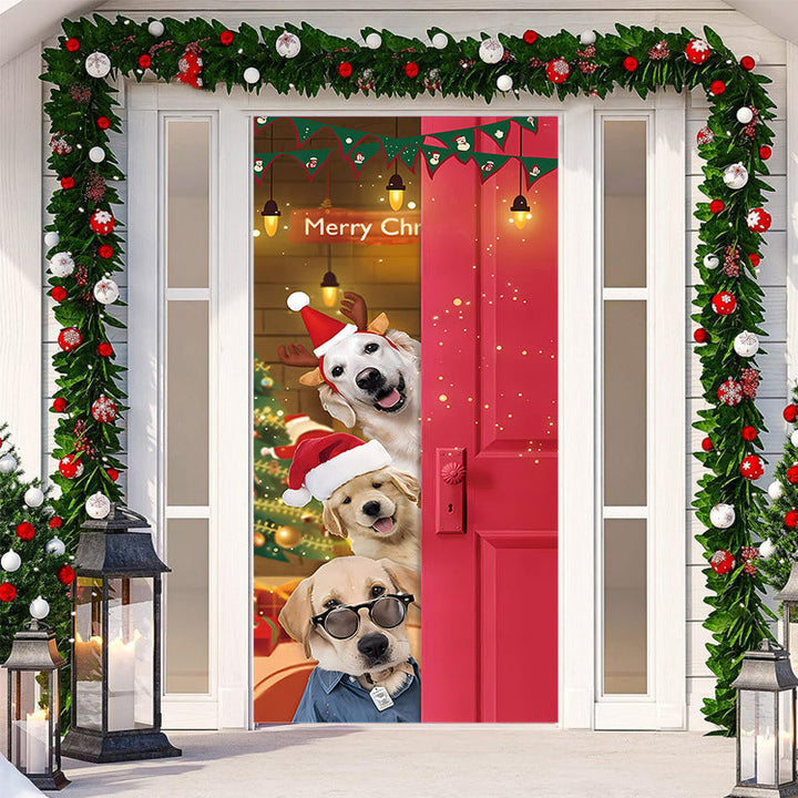 Outdoor fabric door cover with a collection of festive ornaments, colorful Christmas display.