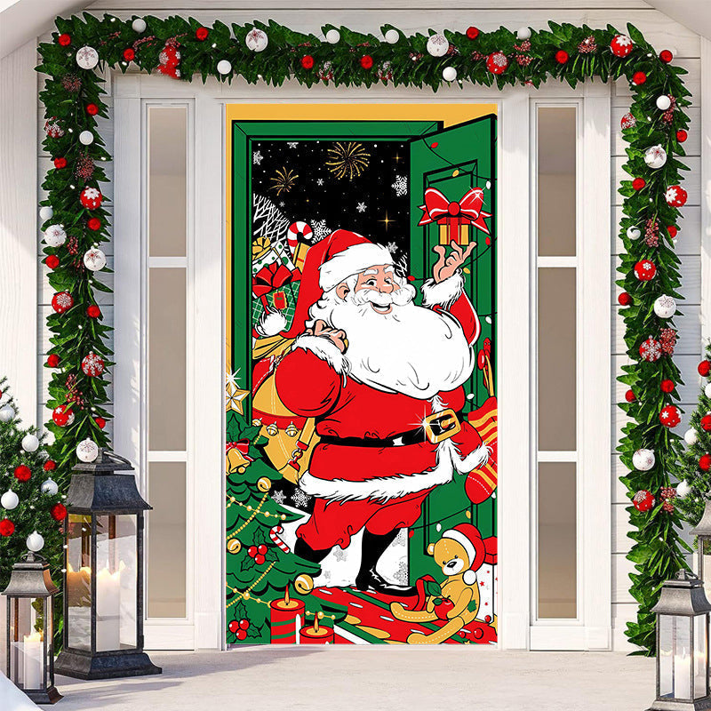 Elegant Nativity scene Christmas outdoor fabric door cover, spiritual holiday decor.