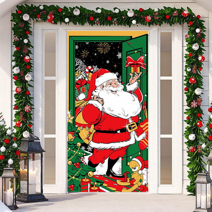 Elegant Nativity scene Christmas outdoor fabric door cover, spiritual holiday decor.