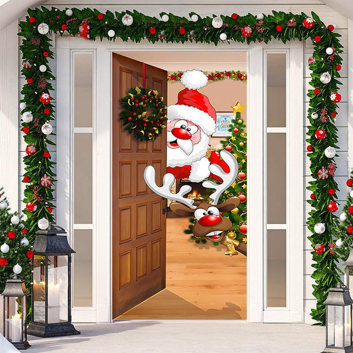 Whimsical elves graphic Christmas outdoor fabric door cover, fun festive decor.