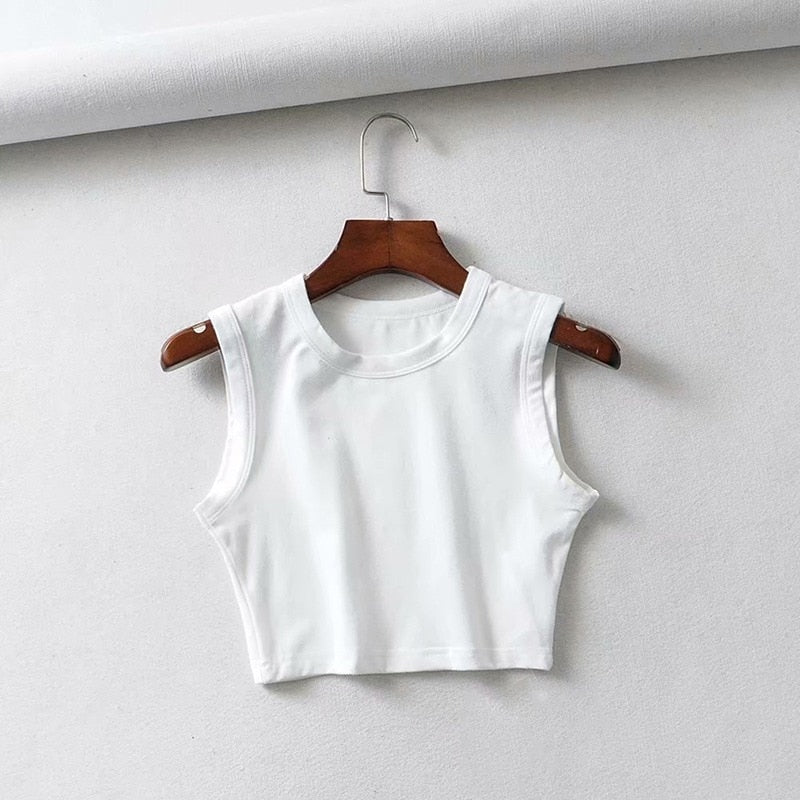 Stylish women's fitted crop top. Sleeveless design offers lightweight comfort for warm weather.