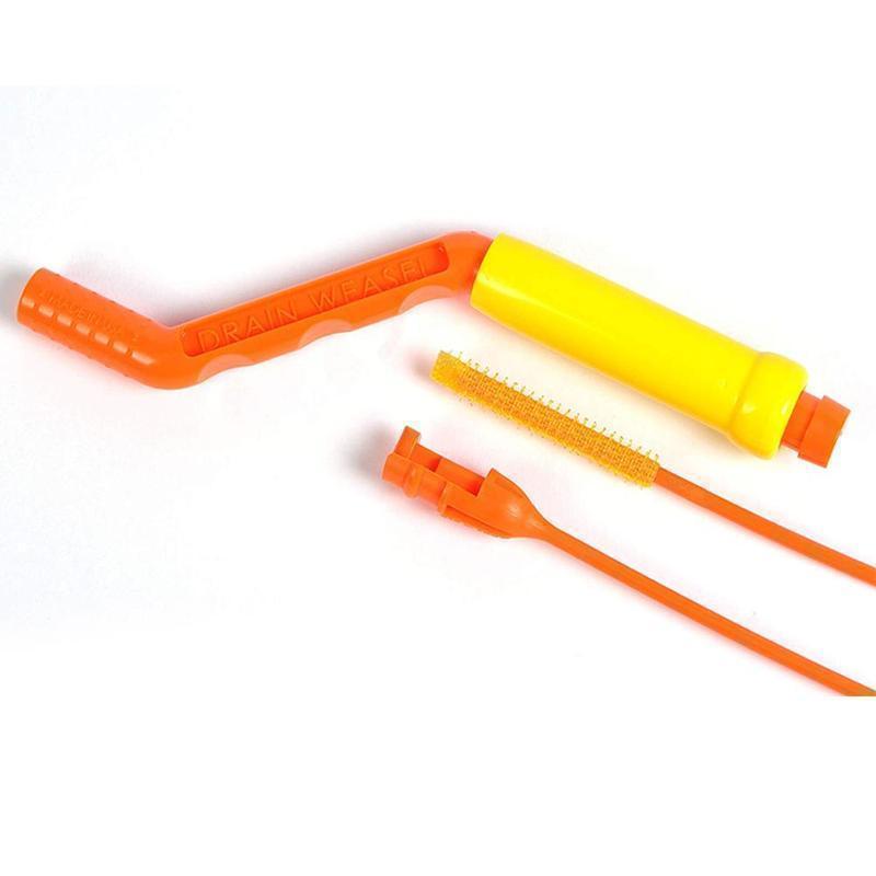 Before and after image of a drain cleaned using the universal hair clog remover tool, showing its effectiveness