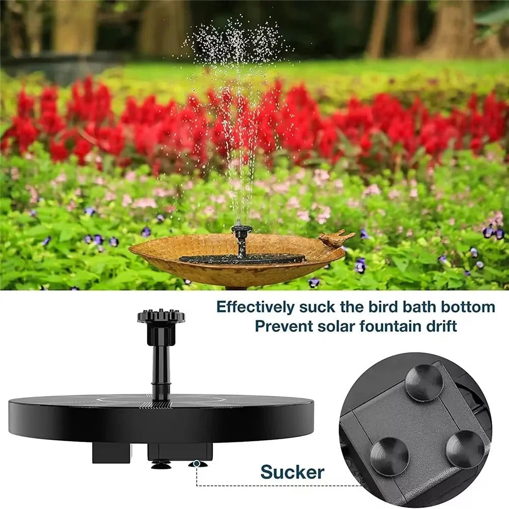 Outdoor floating solar fountain pump for bird baths & ponds. Eco-friendly water feature with no electricity.