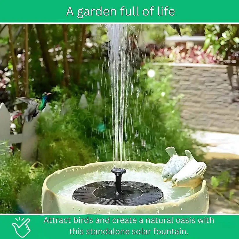 No electricity needed: floating solar fountain, perfect pond decor & bird bath water feature. Eco-friendly.