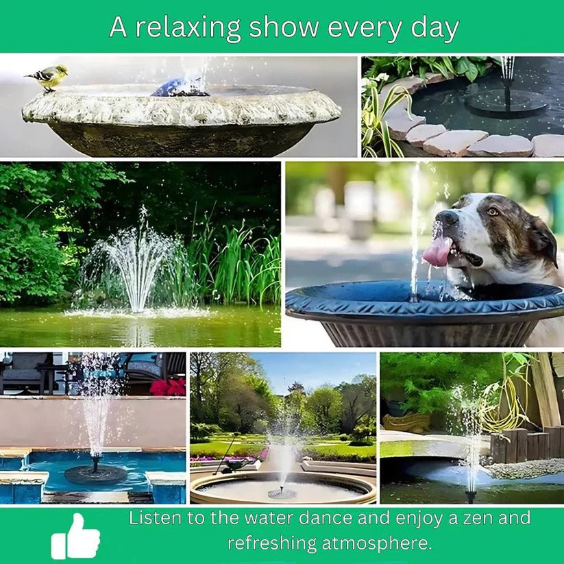 Beautiful solar water fountain for outdoor living. Floating pond decor brightens bird baths & garden spaces.