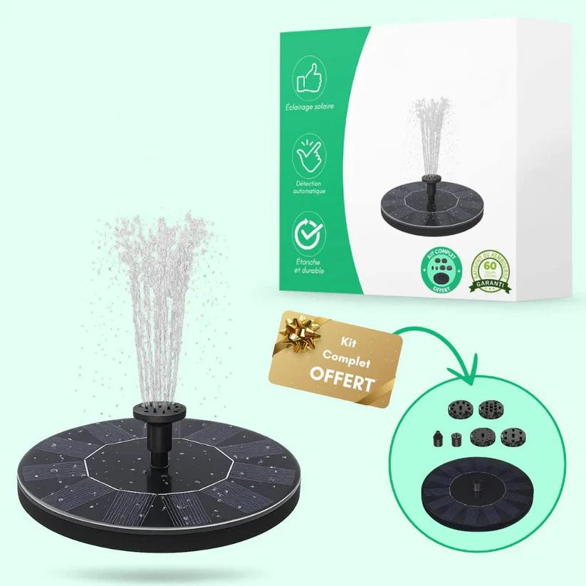 Easy-setup floating solar fountain, ideal for bird baths & ponds. An eco-friendly garden water feature.