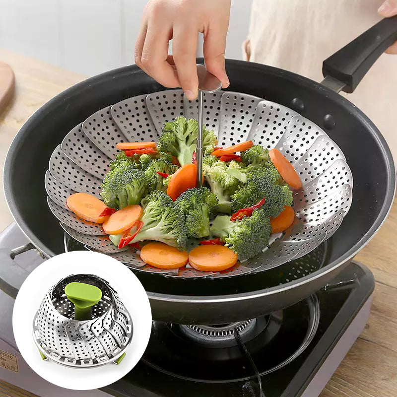 Kitchen scene with the flower-shaped stainless steel steamer basket, a modern healthy cooking solution
